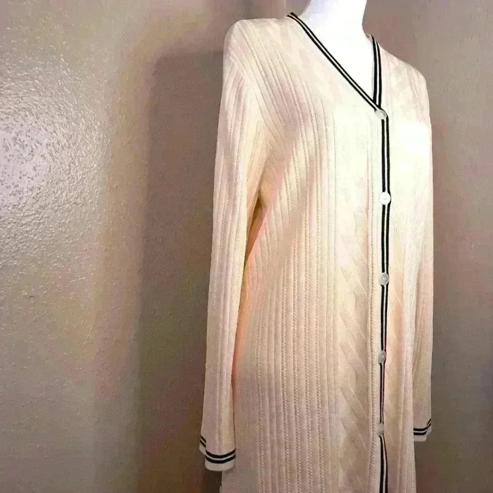 Jones New York Cream Long Sleeve Button Cardigan with Black Trim